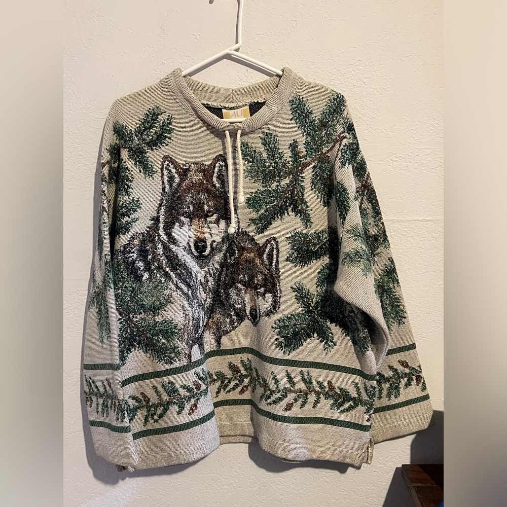 Vintage 90's AU Art Men's Tapestry Wolf pullover